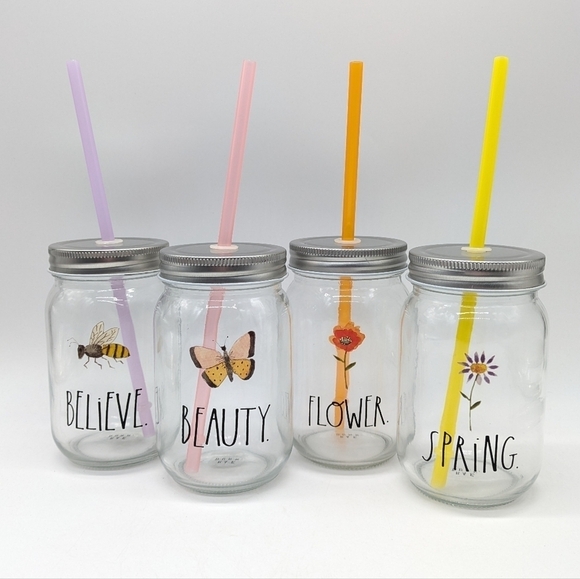 Rae Dunn colorful glass mugs with lid & straw - Picture 1 of 8